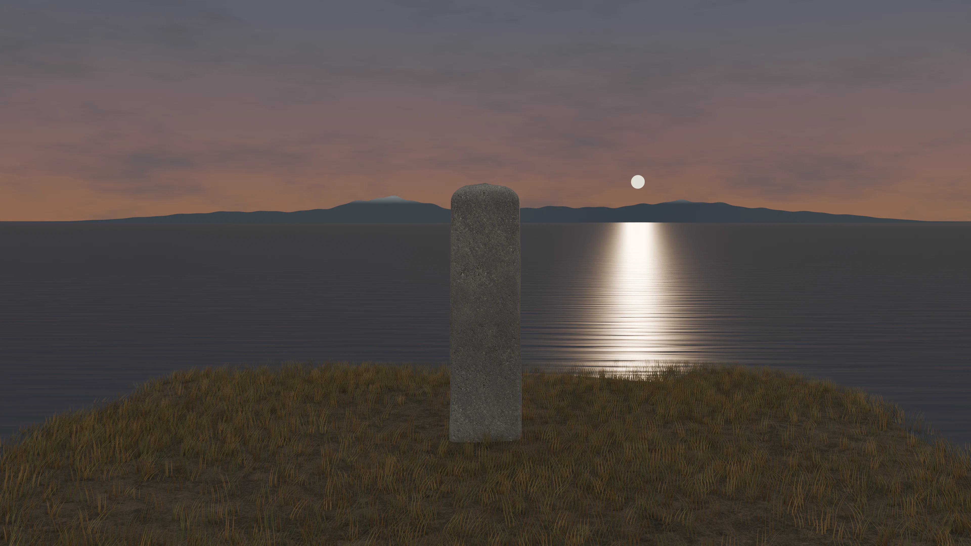 A weathered granite milestone above a quiet sea at sunset
